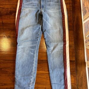 Blue Jeans with Burgundy and White Stripes